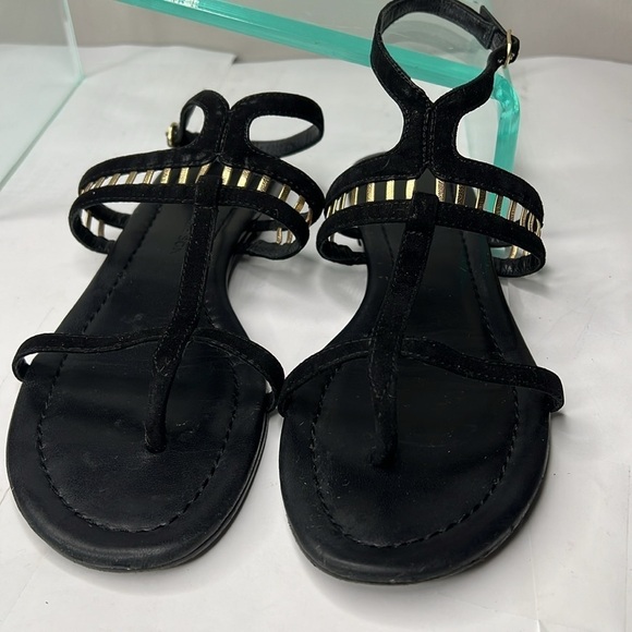 Sigerson Morrison Sz 6 Black Suede Gold Leather TStrap Ankle Strap Flat Sandals - Picture 2 of 11
